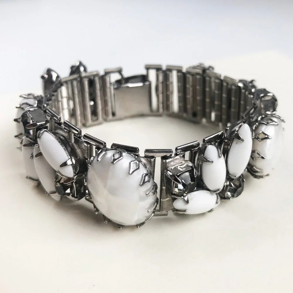 Vintage White Rhinestone Bracelet, Wide Mesh with Large Fancy Crystals Bracelet